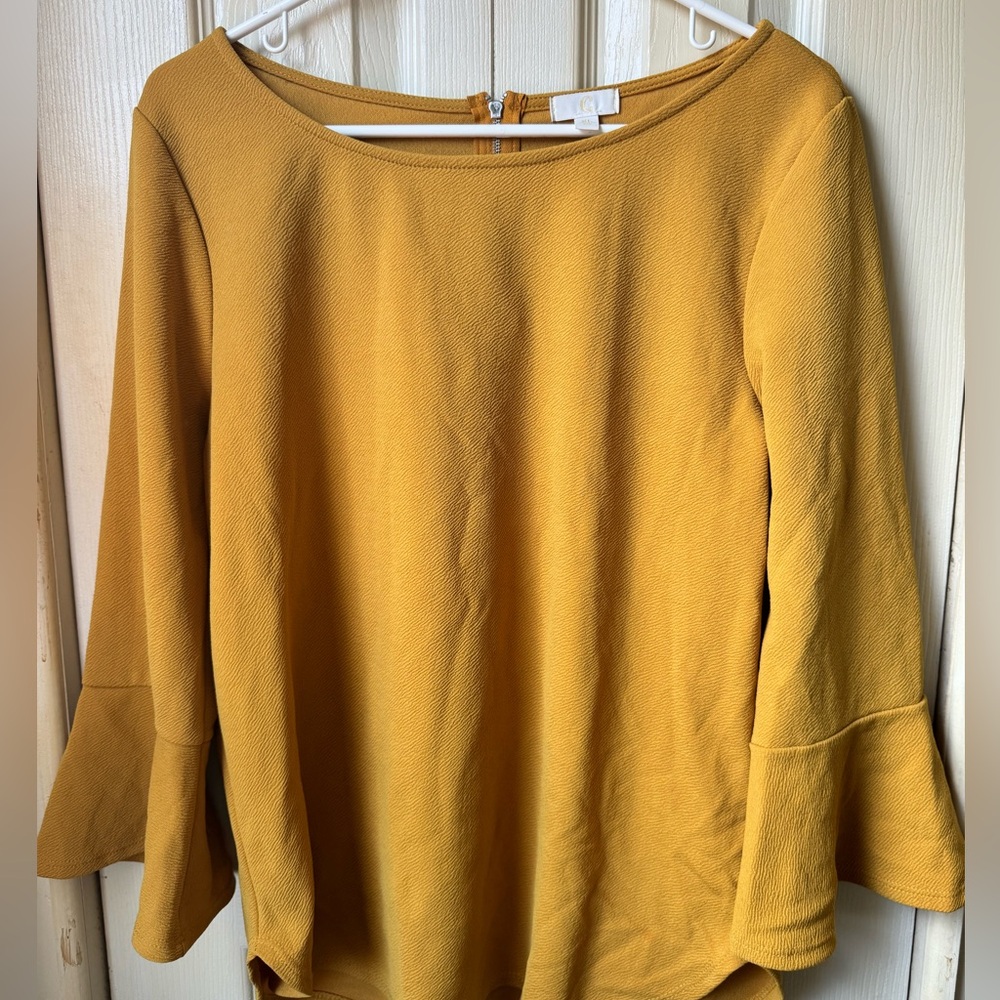 Teacher. Mustard, yellow, long sleeve blouse